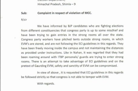 कांग्रेस द्वारा एमसीसी के उल्लंघन की आशंका के चलते भाजपा प्रदेश सह मीडिया प्रभारी कर्ण नंदा ने चीफ इलेक्टरल ऑफीसर हिमाचल प्रदेश को दी शिकायत ,